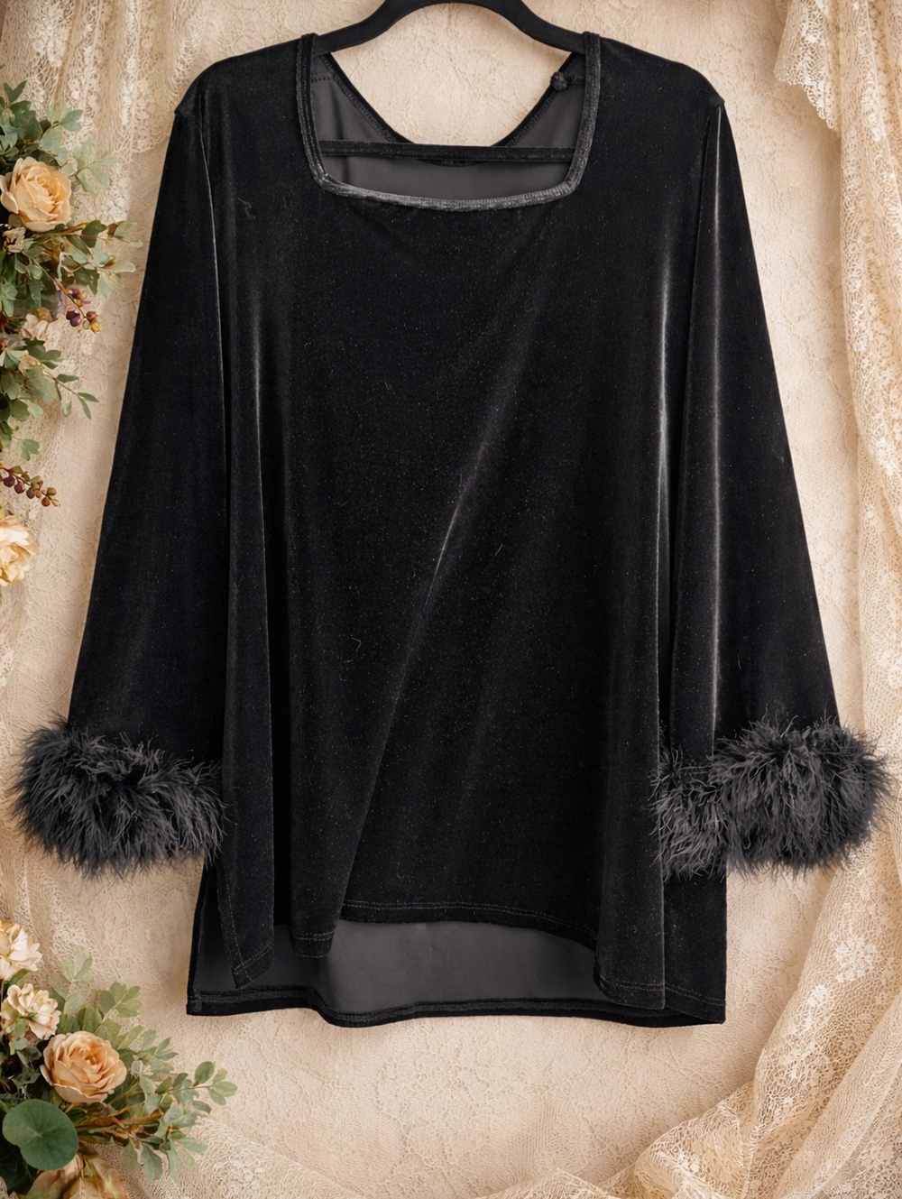 Black Velvet Top with Feather Cuffs